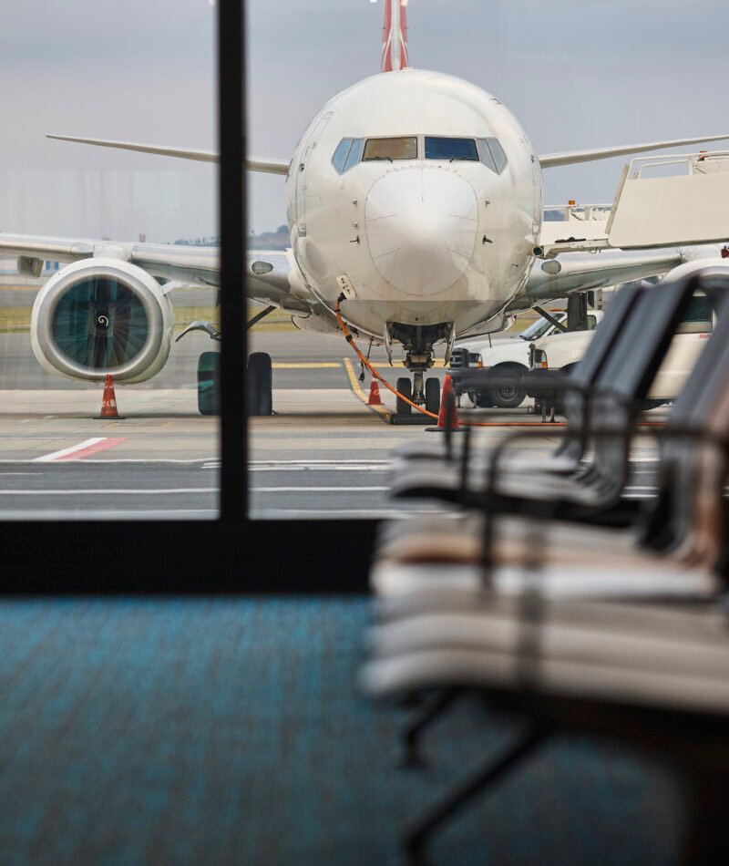 Airplane refueling and departure area. Transportation industry.